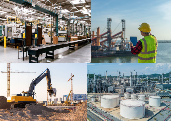 Industrial manufacturing, marine operations, construction equipment, and oil and gas facilities representing industries served by DW Fastener.